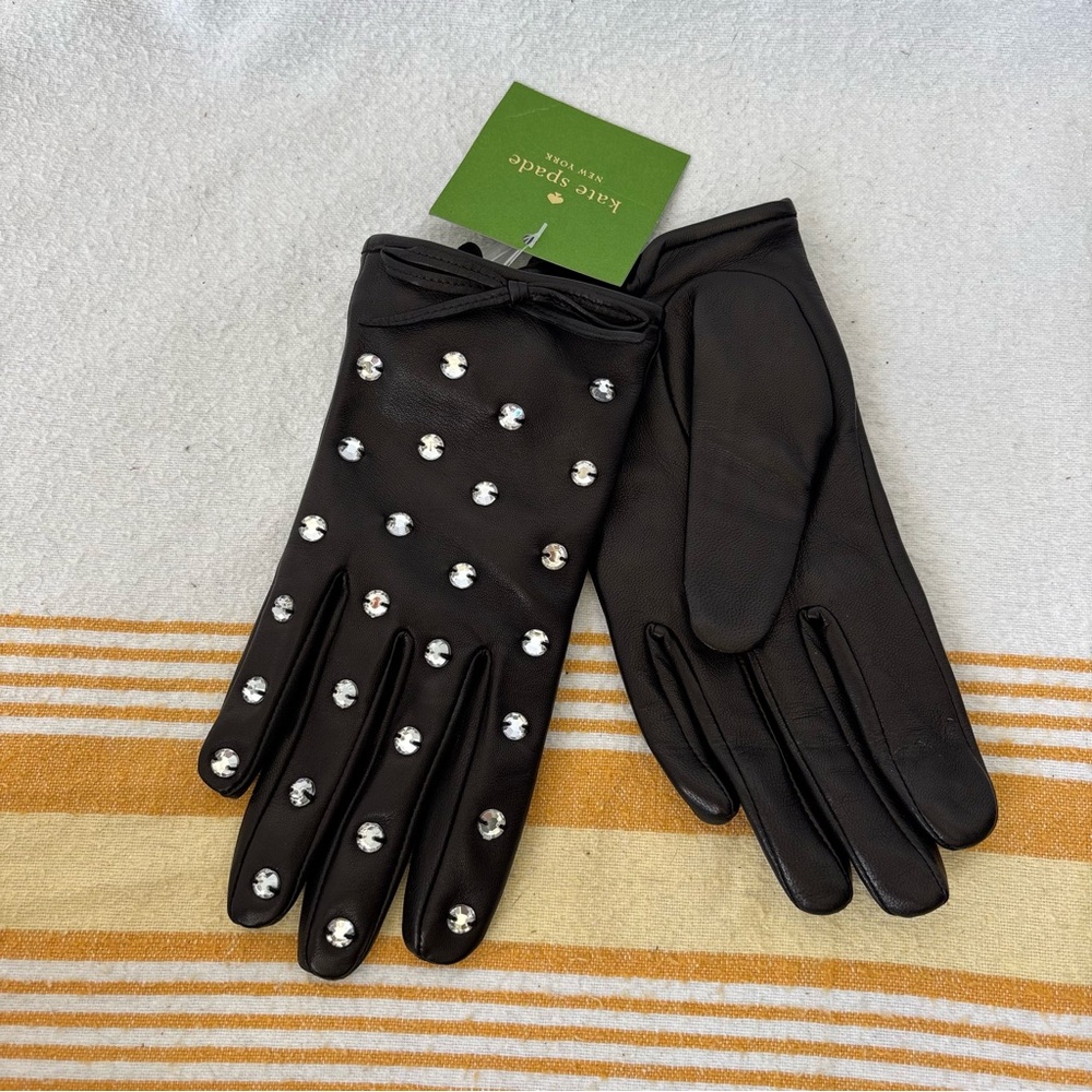Kate Spade XS Black Lamb Leather Gloves with Rhinestone Accents
